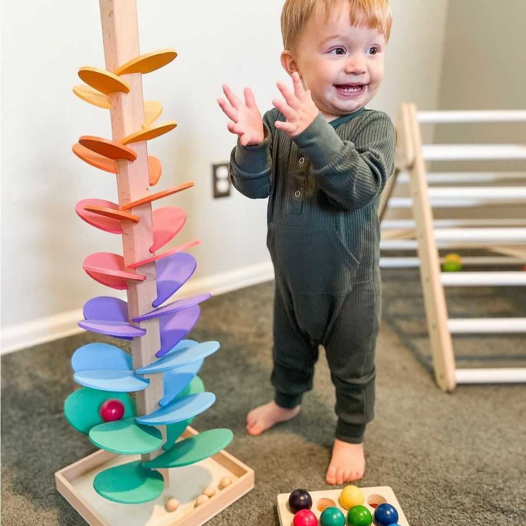 Vibrant Wooden Rainbow Marble Run Tower Toy for Kids Ages 3+