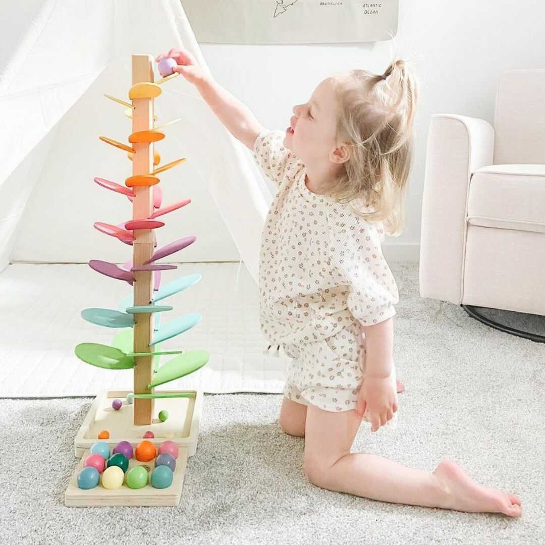 Vibrant Wooden Rainbow Marble Run Tower Toy for Kids Ages 3+