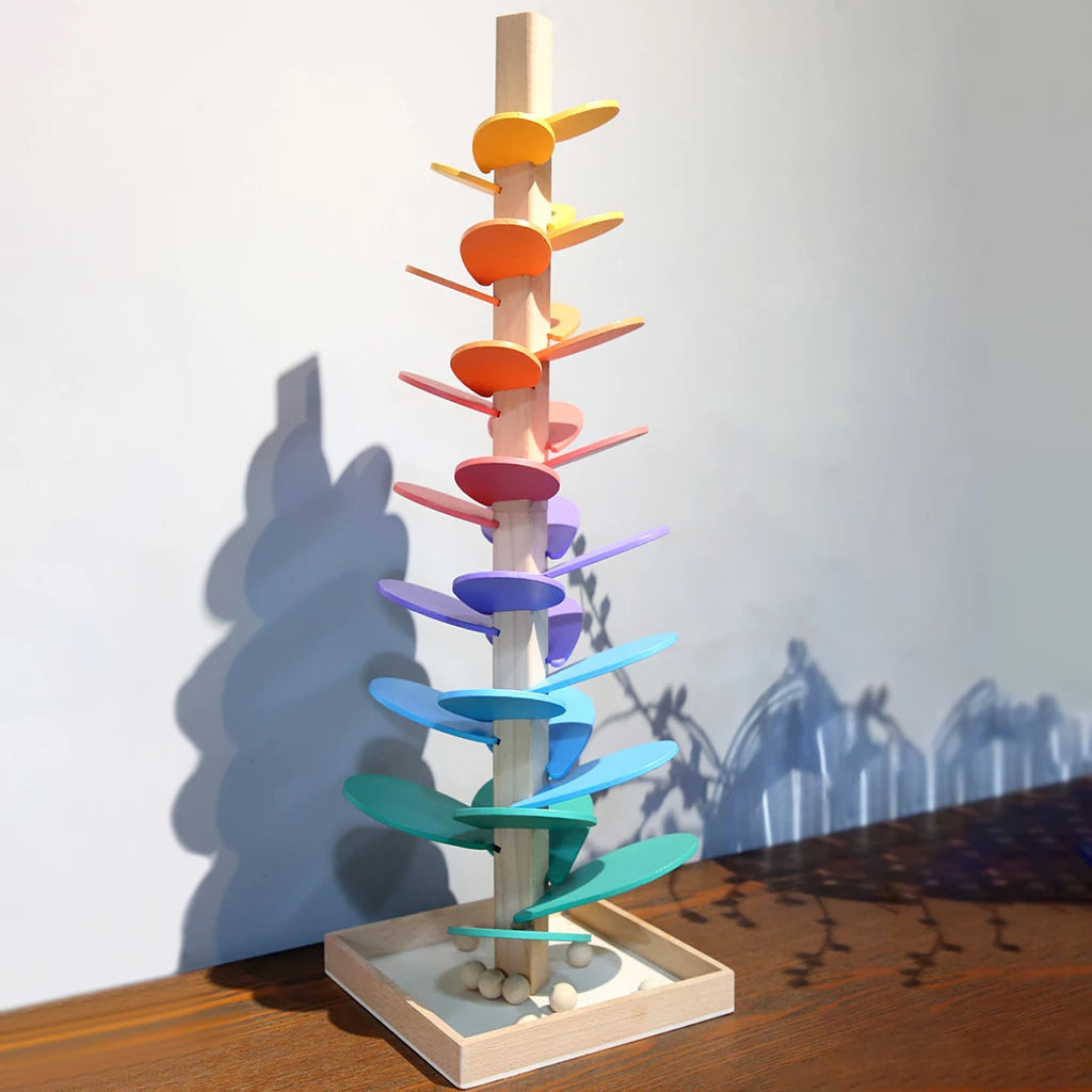 Vibrant Wooden Rainbow Marble Run Tower Toy for Kids Ages 3+