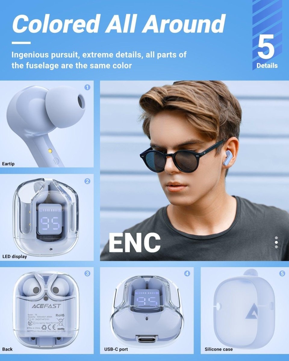 ACEFAST Crystal T6 True Wireless Earbuds: Bluetooth 5.0, IPX4 Waterproof