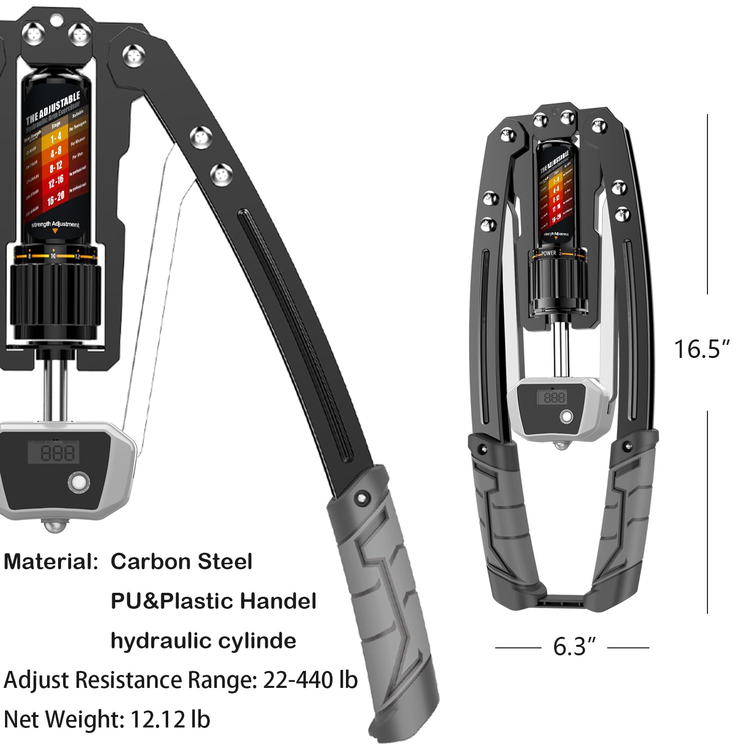 Sakerplus® Adjustable Hydraulic Arm Exerciser: 22-440 lbs Resistance, LCD Counter